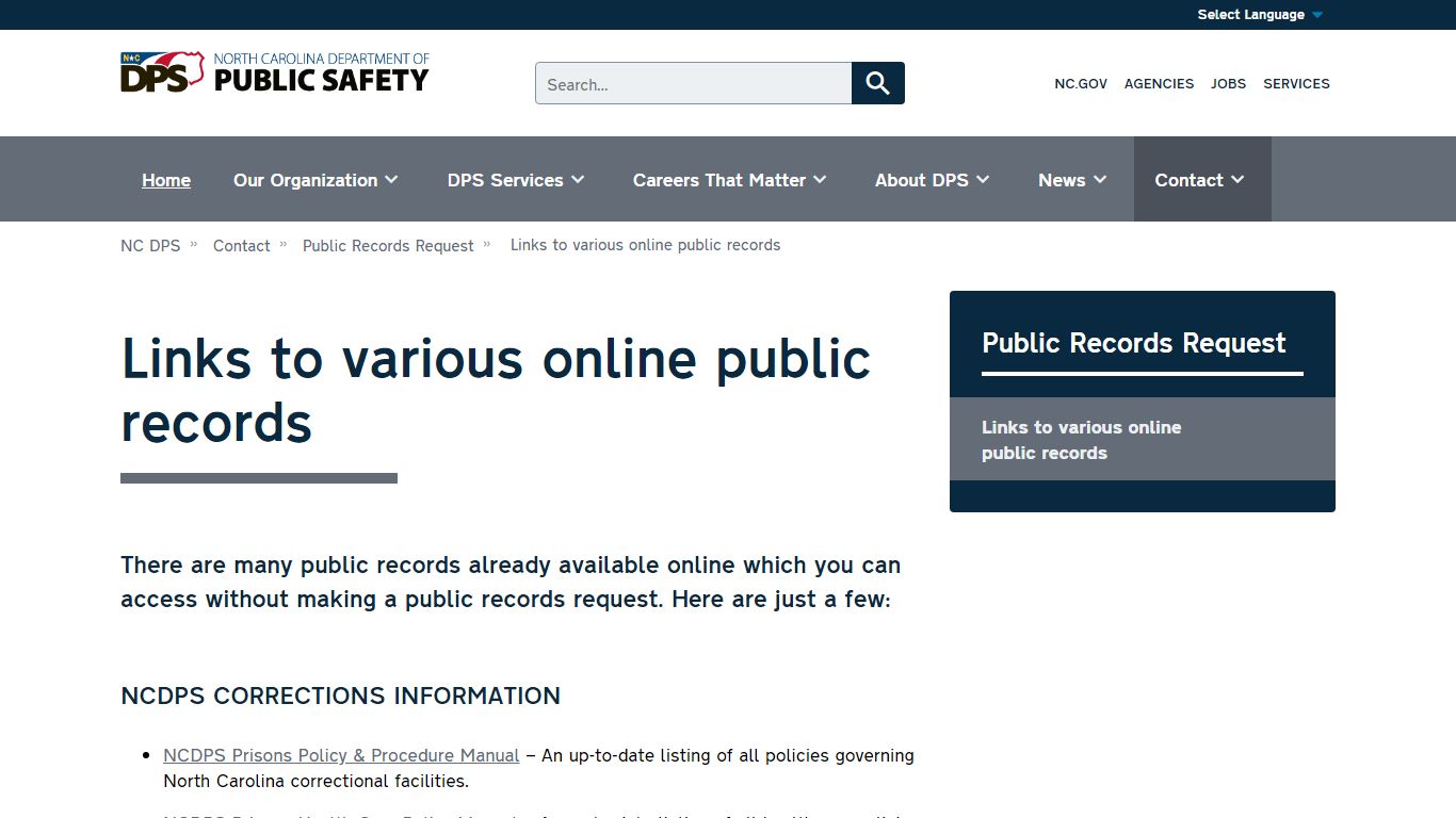 Links to various online public records | NC DPS